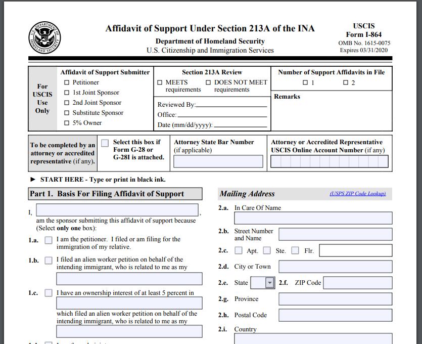 Mẫu I-864 - Bảo trợ tài chính