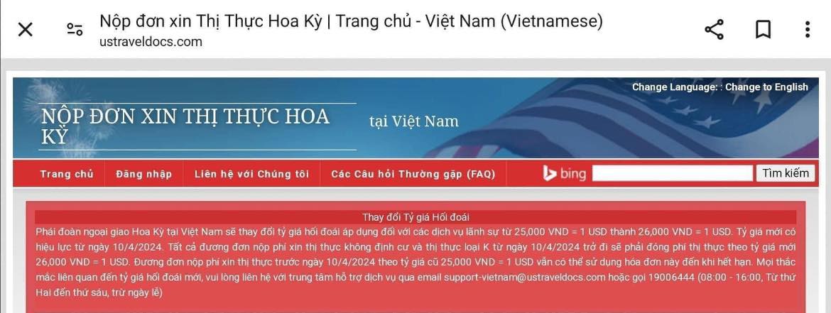 thông báo thay đổi tỉ giá usd-vnd visa đi mỹ