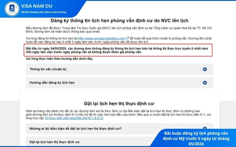 Bắt buộc đăng ký lịch phỏng vấn định cư Mỹ trước 5 ngày từ tháng 05/2026